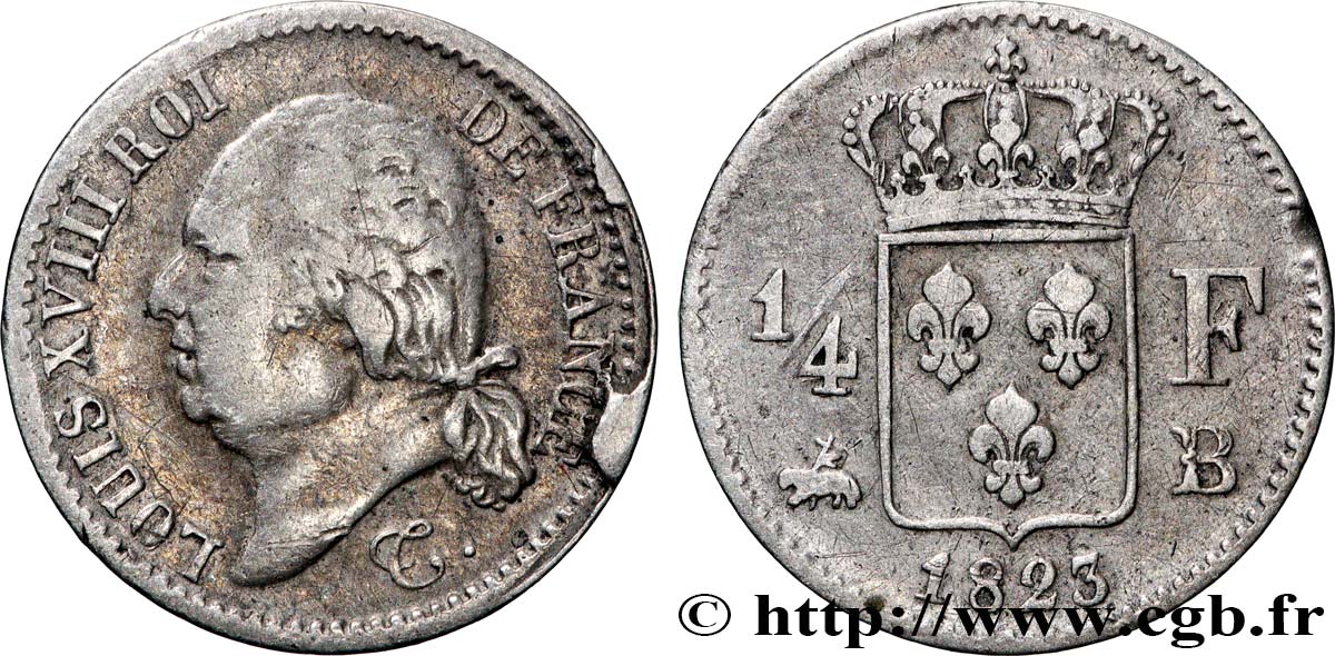 1/4 franc Louis XVIII 1823 Rouen F.163/25 TB 