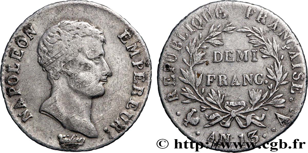 Demi-franc Napoléon Empereur, Calendrier révolutionnaire 1805 Paris F.174/10 TB 