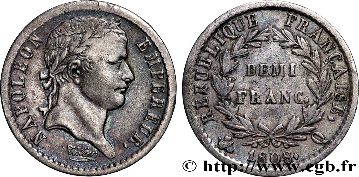 Demi-franc Napoléon Ier tête laurée, République française, buste fin 1808 Perpignan F.177/13 BC+ 