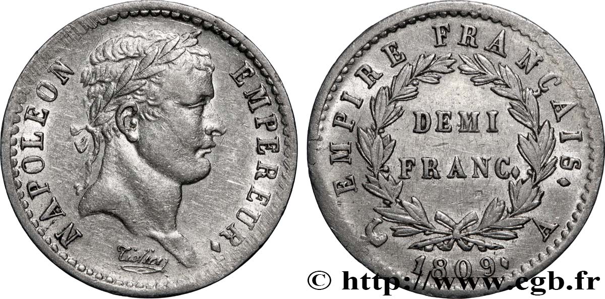 Demi-franc Napoléon Ier tête laurée, Empire français 1809 Paris F.178/1 TTB 