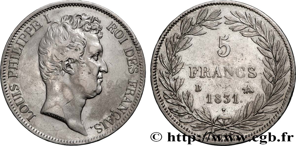 5 francs type Tiolier avec le I, tranche en creux 1831 Rouen F.315/15 TTB 