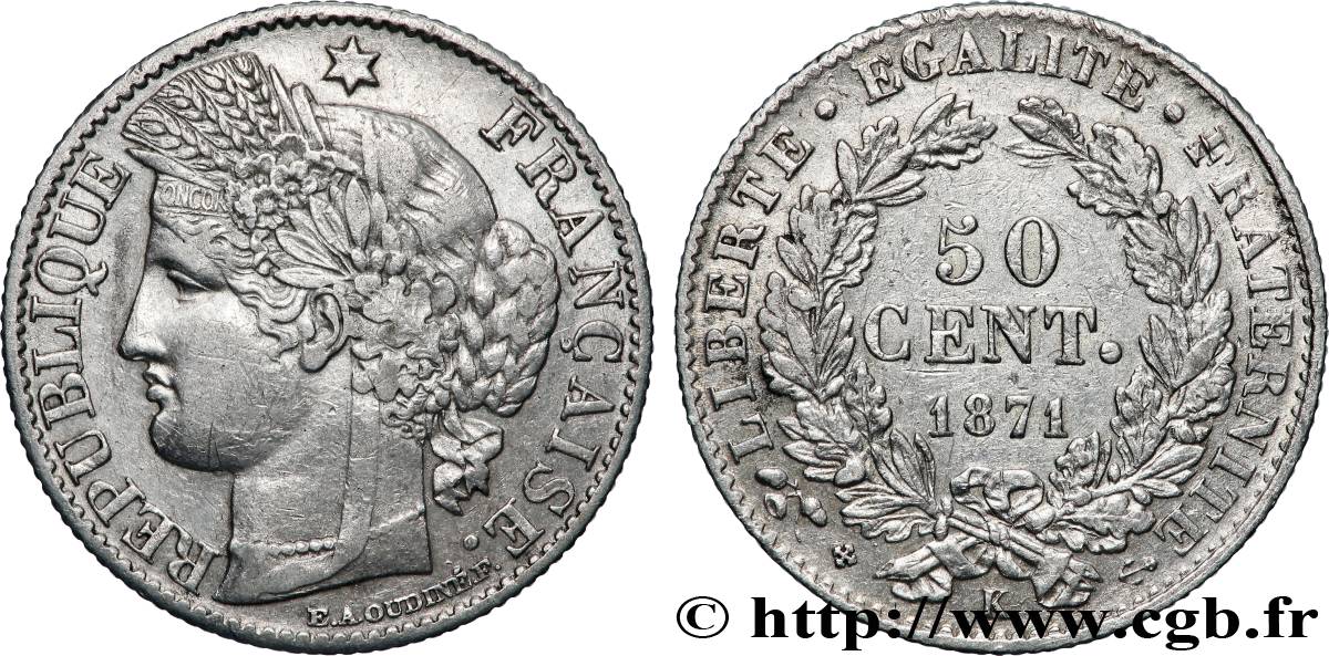 50 centimes Cérès, IIIe République 1871 Bordeaux F.189/2 TB+ 