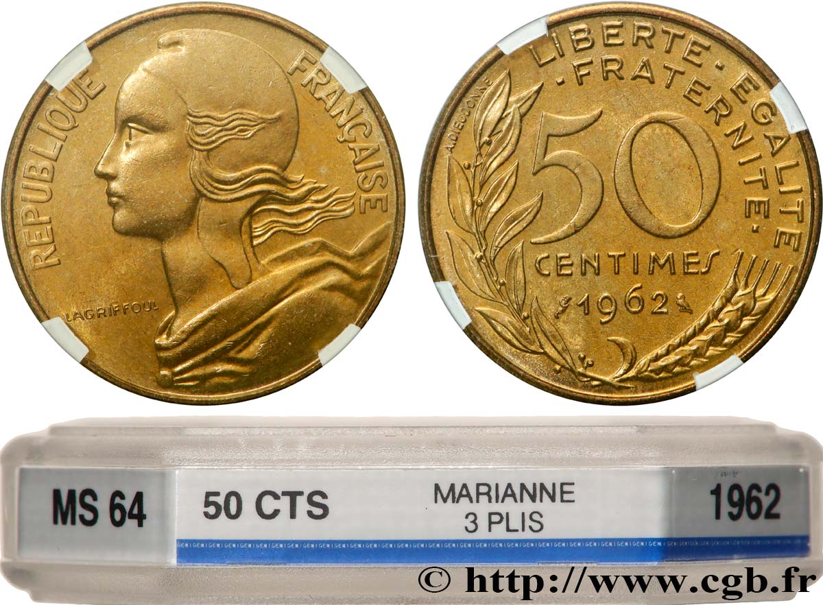 50 centimes Marianne, col à trois plis 1962 Paris F.197/2 MS64 GENI