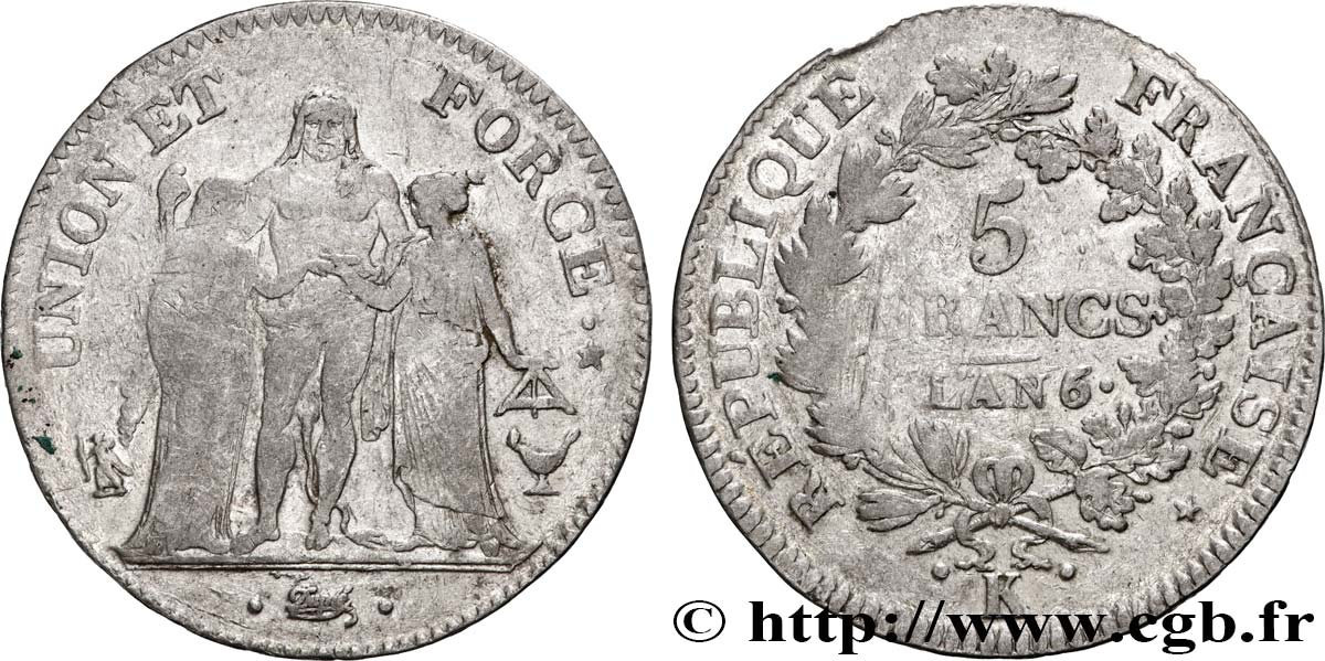 5 francs Union et Force, Union serré, seulement gland extérieur 1798 Bordeaux F.288/61 VF 