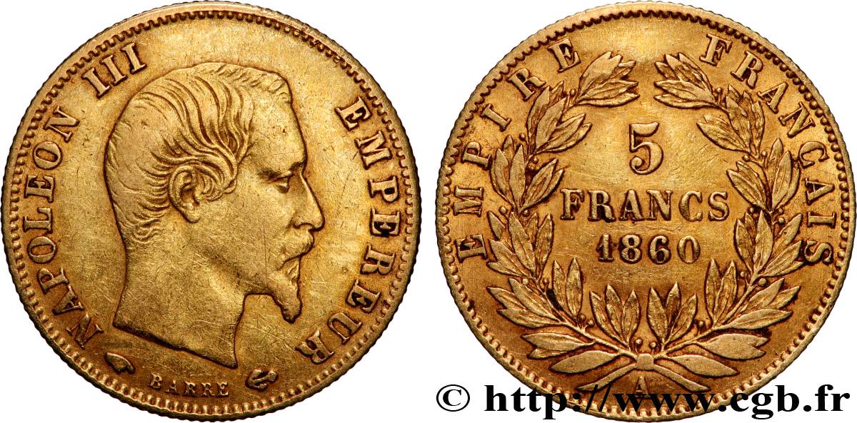 5 francs or Napoléon III, tête nue, grand module 1860 Paris F.501/10 VF 