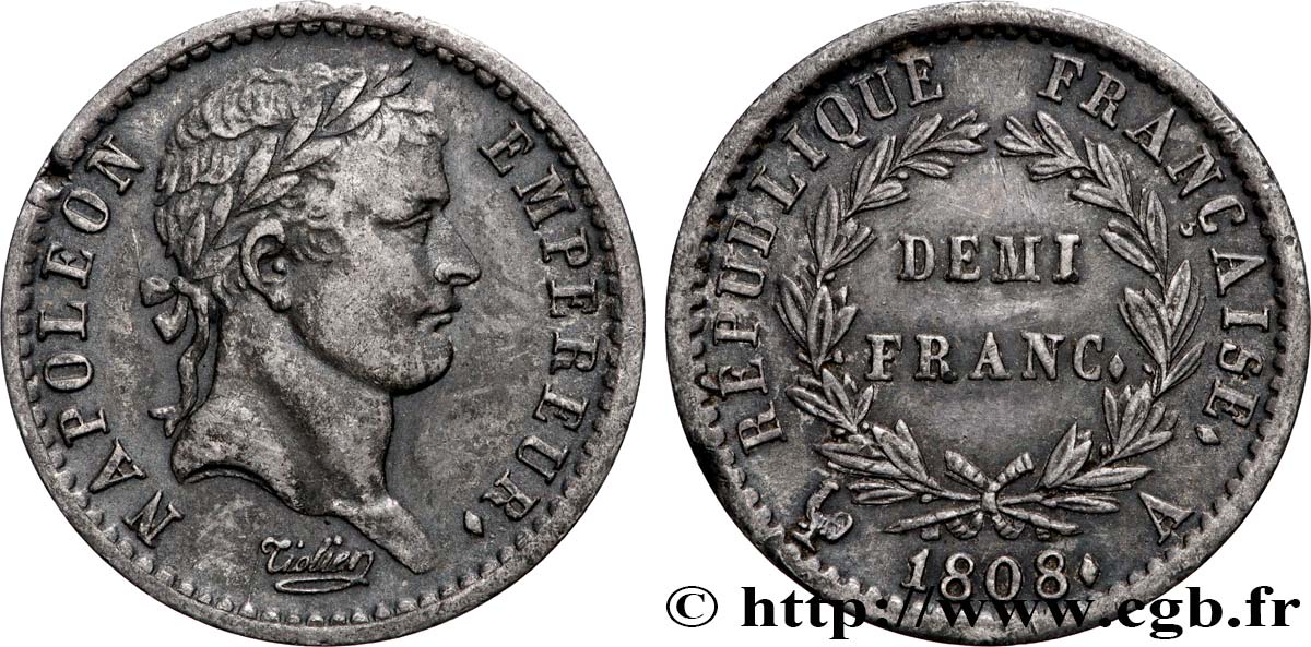 Demi-franc Napoléon Ier tête laurée, République française 1808 Paris F.177/2 XF 