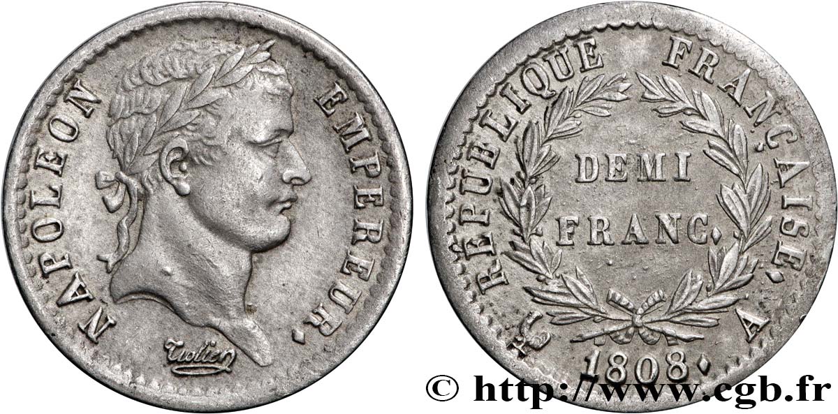Demi-franc Napoléon Ier tête laurée, République française 1808 Paris F.177/2 TTB 