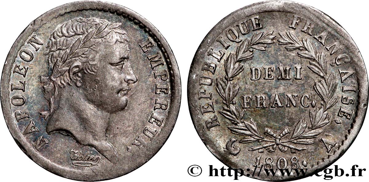 Demi-franc Napoléon Ier tête laurée, République française 1808 Paris F.177/2 fVZ 
