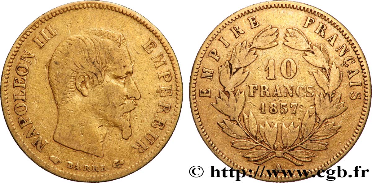 10 francs or Napoléon III, tête nue 1857 Paris F.506/4 VF 