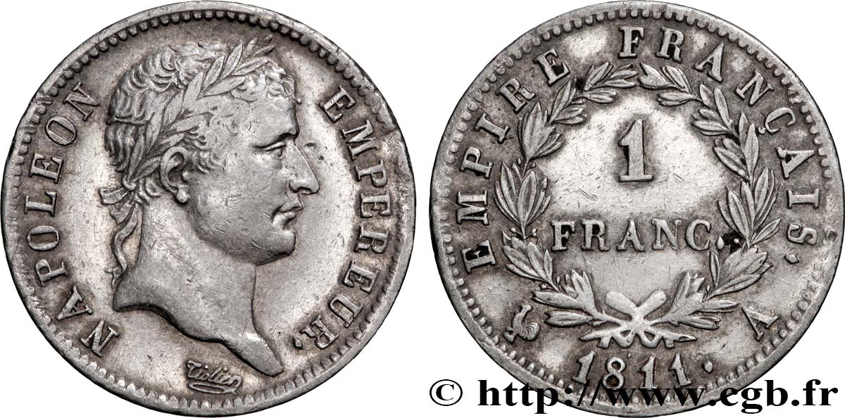 1 franc Napoléon Ier tête laurée, Empire français 1811 Paris F.205/28 XF 
