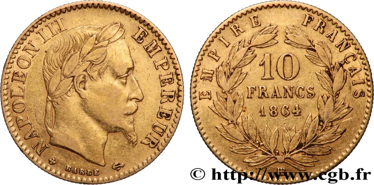 10 francs or Napoléon III, tête laurée 1864 Strasbourg F.507A/7 TB 