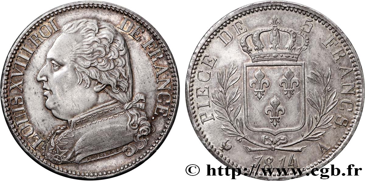 5 francs Louis XVIII, buste habillé 1814 Paris F.308/1 SUP+ 