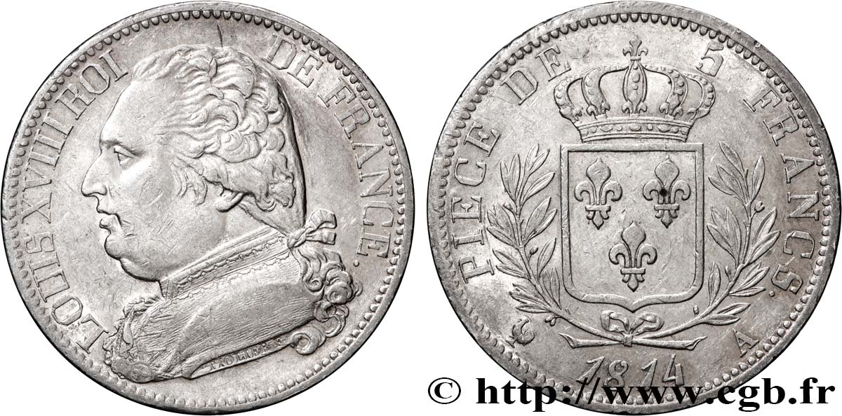5 francs Louis XVIII, buste habillé 1814 Paris F.308/1 AU 