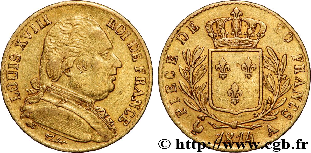 20 francs or Louis XVIII, buste habillé 1814 Paris F.517/2 XF 