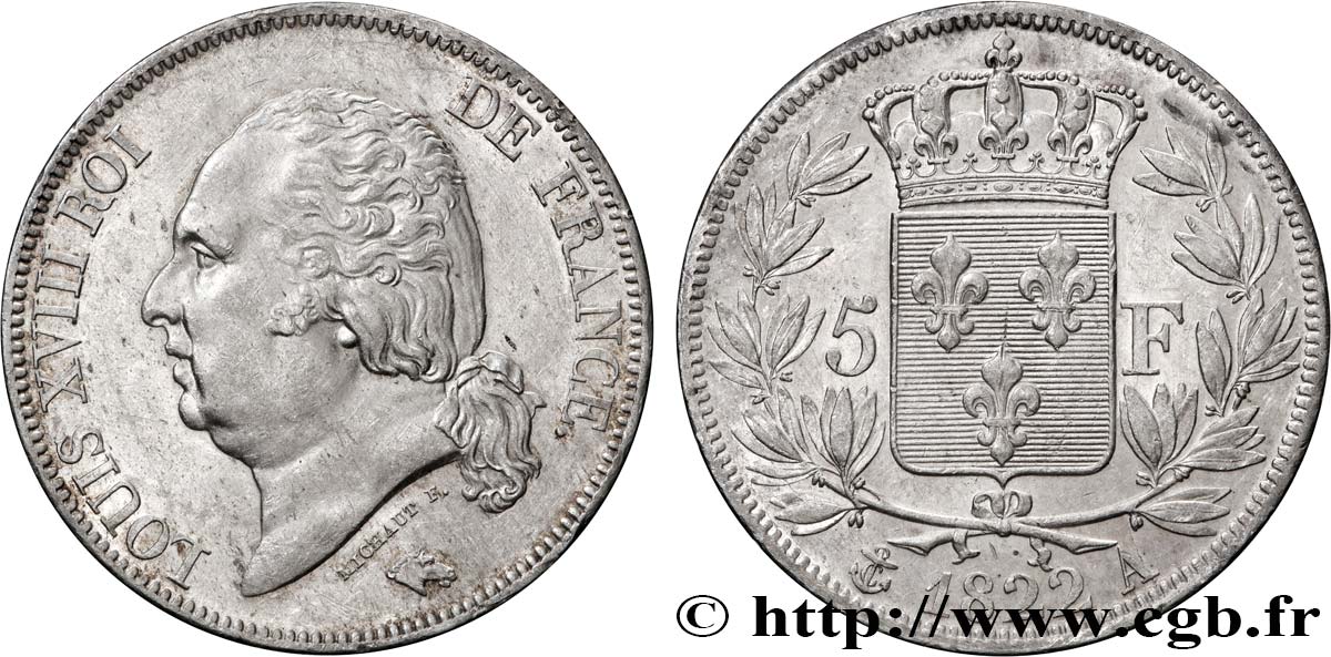 5 francs Louis XVIII, tête nue 1822 Paris F.309/68 SUP 