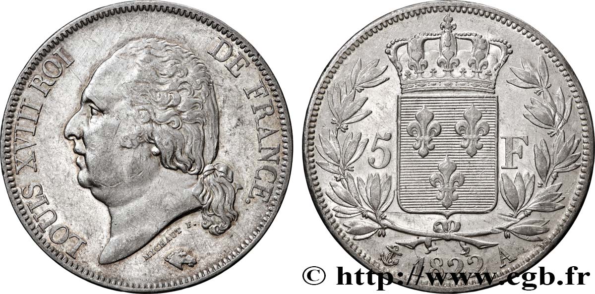 5 francs Louis XVIII, tête nue 1822 Paris F.309/68 AU 