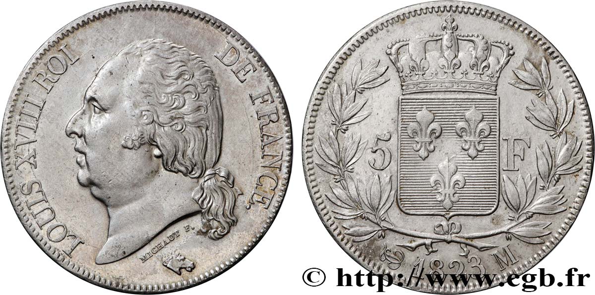 5 francs Louis XVIII, tête nue 1823 Toulouse F.309/84 SUP 