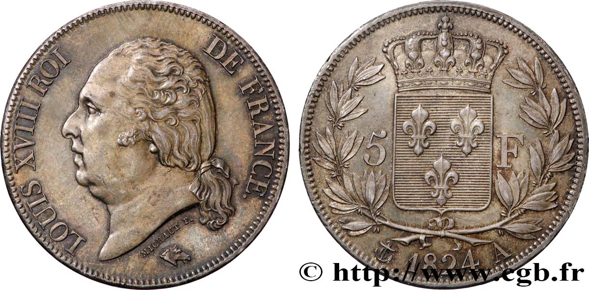 5 francs Louis XVIII, tête nue 1824 Paris F.309/88 SPL 