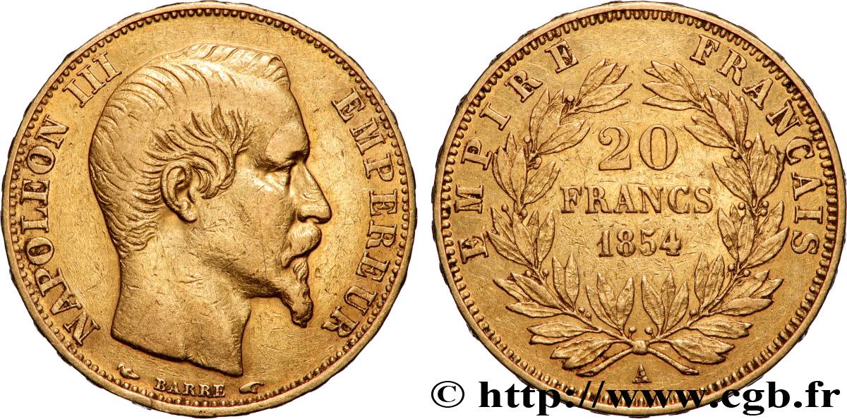 20 francs or Napoléon III, tête nue 1854 Paris F.531/2 VF 