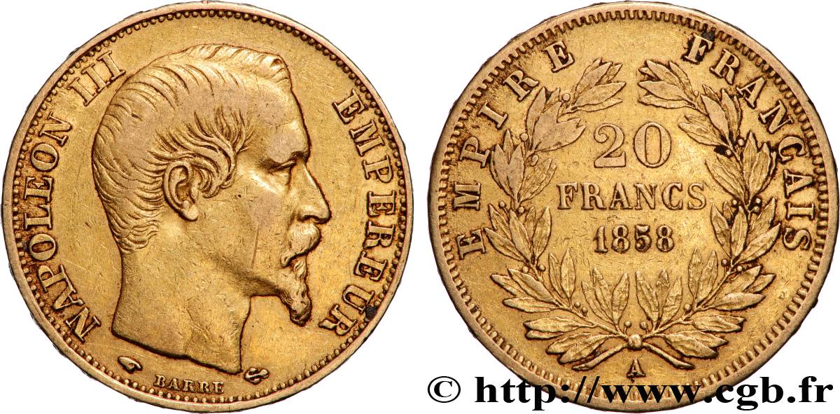 20 francs or Napoléon III, tête nue 1858 Paris F.531/13 q.BB 