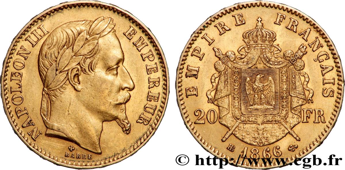 20 francs or Napoléon III, tête laurée 1866 Strasbourg F.532/14 q.SPL 