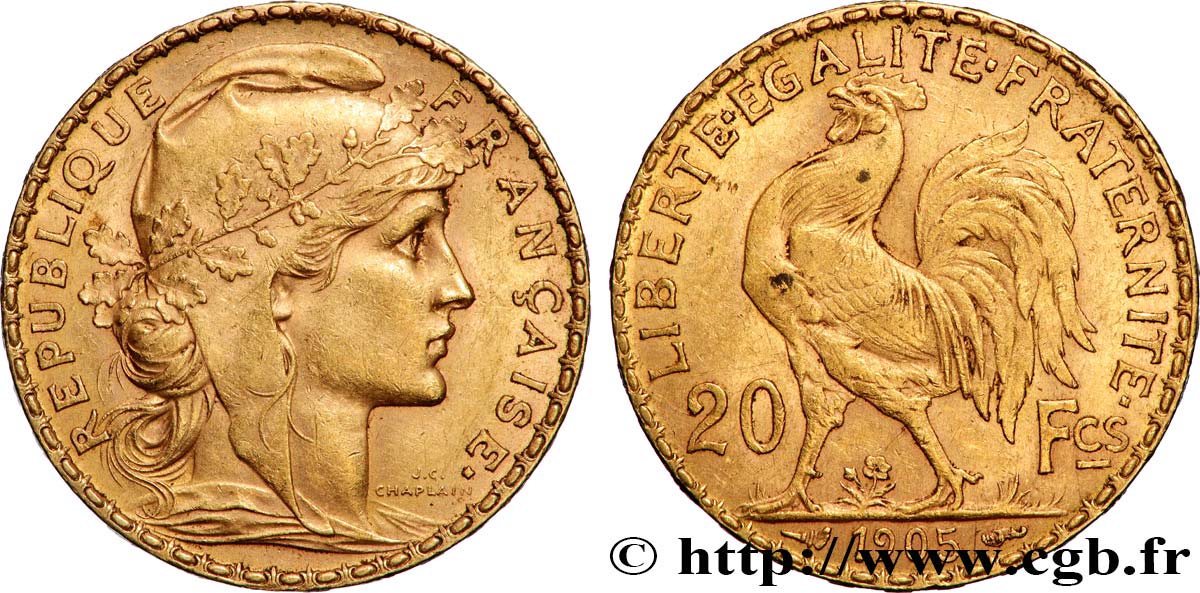 20 francs or Coq, Dieu protège la France 1905 Paris F.534/10 XF 