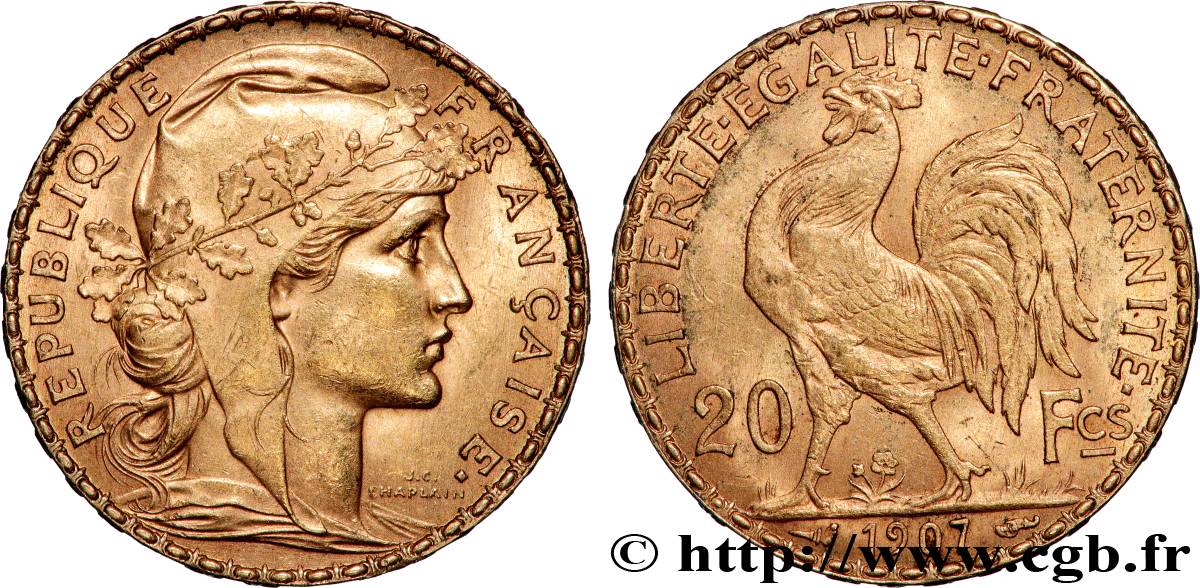 20 francs or Coq, Liberté Égalité Fraternité 1907 Paris F.535/1 TTB+ 