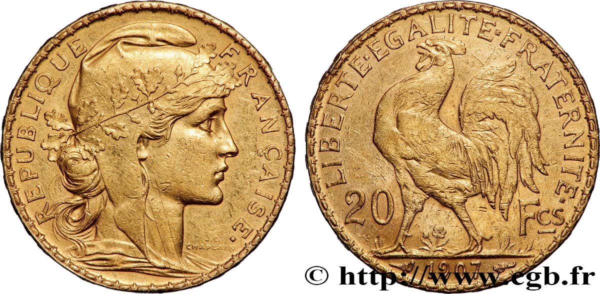 20 francs or Coq, Liberté Égalité Fraternité 1907 Paris F.535/1 XF 