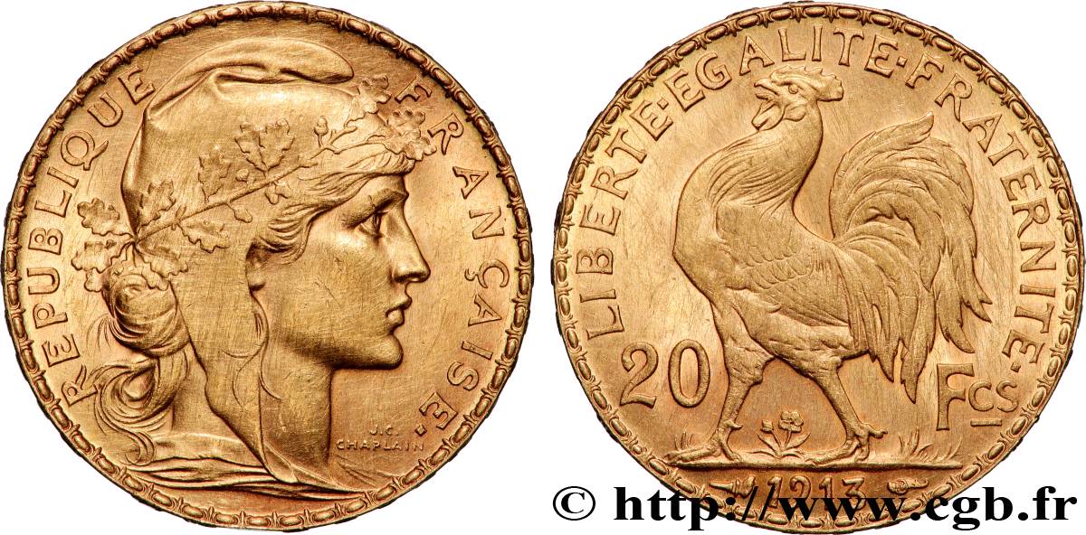 20 francs or Coq, Liberté Égalité Fraternité 1913 Paris F.535/7 XF 