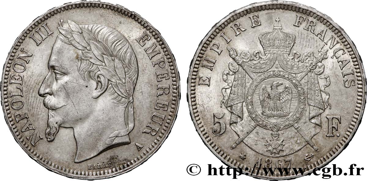 5 francs Napoléon III, tête laurée 1867 Paris F.331/10 SUP 