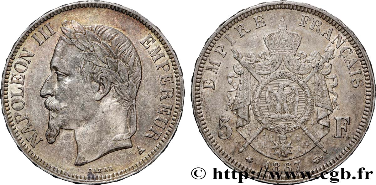 5 francs Napoléon III, tête laurée 1867 Paris F.331/10 MBC+ 