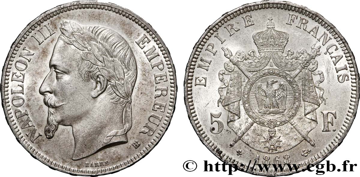 5 francs Napoléon III, tête laurée 1868 Strasbourg F.331/13 MS 