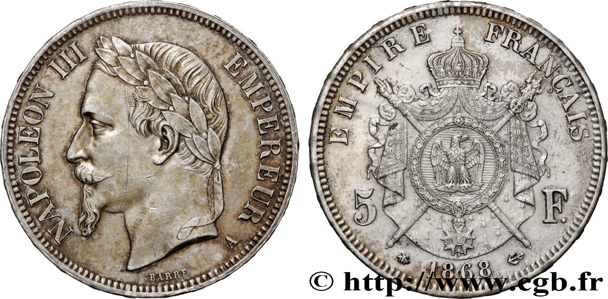 5 francs Napoléon III, tête laurée 1868 Paris F.331/12 AU 