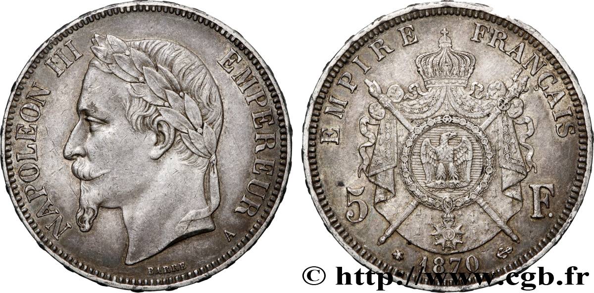 5 francs Napoléon III, tête laurée 1870 Paris F.331/16 AU 