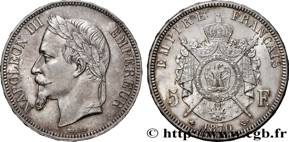 5 francs Napoléon III, tête laurée 1870 Paris F.331/16 SUP 