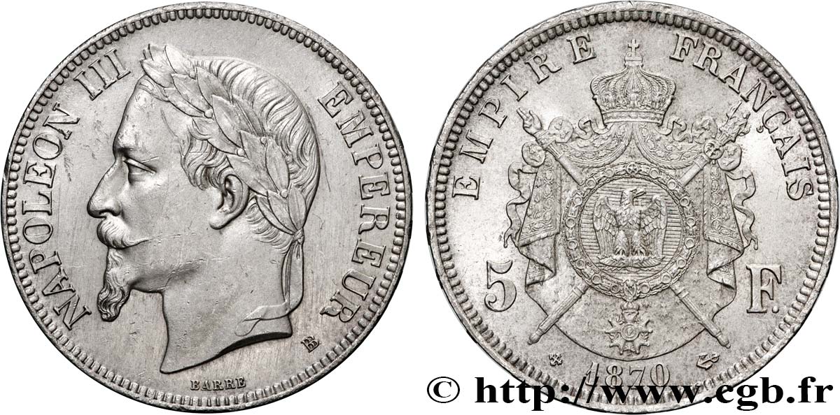 5 francs Napoléon III, tête laurée 1870 Strasbourg F.331/17 AU 