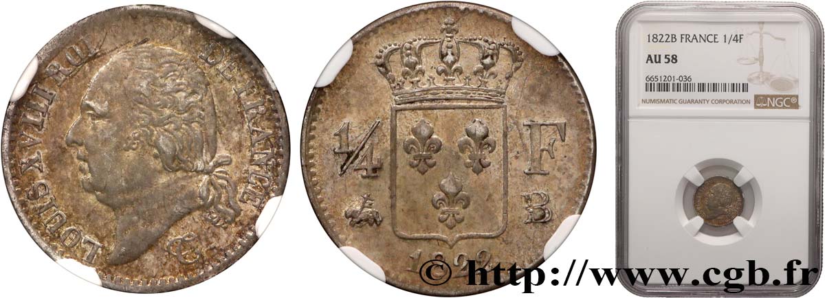 1/4 franc Louis XVIII 1822 Rouen F.163/22 AU58 NGC