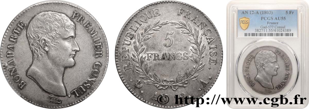 5 francs Bonaparte Premier Consul 1804 Paris F.301/9 AU55 PCGS