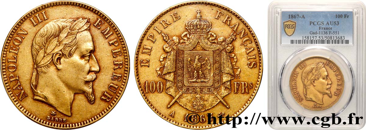 100 francs or Napoléon III, tête laurée 1867 Paris F.551/8 TTB53 PCGS