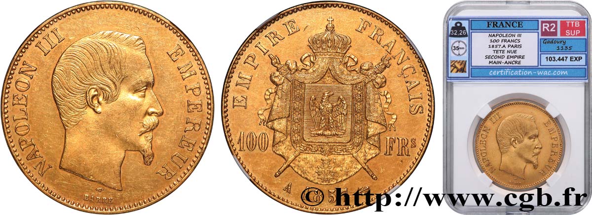 100 francs or Napoléon III, tête nue 1857 Paris F.550/4 AU 