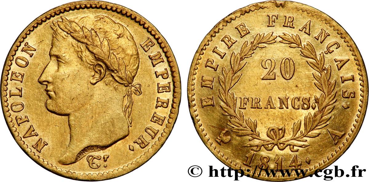 20 francs or Napoléon, tête laurée, Empire français 1814 Paris F.516/39 AU 