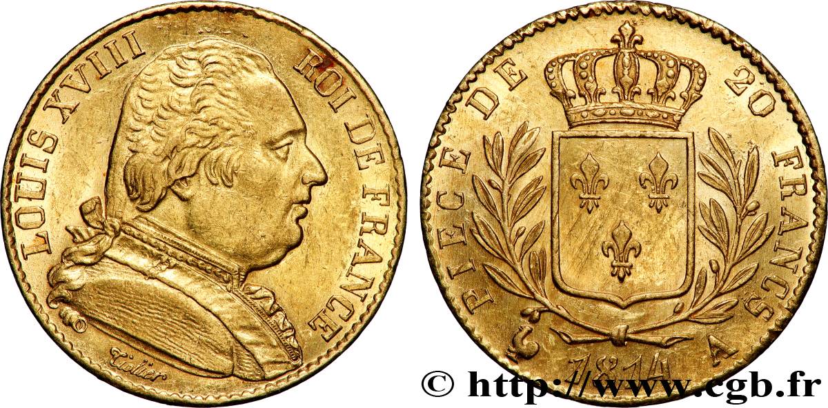 20 francs or Louis XVIII, buste habillé 1814 Paris F.517/2 MS 