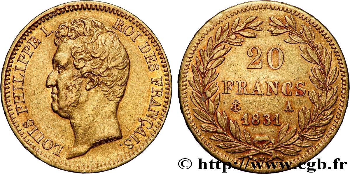 20 francs or Louis-Philippe, Tiolier, tranche inscrite en relief 1831 Paris F.525/2 TTB 