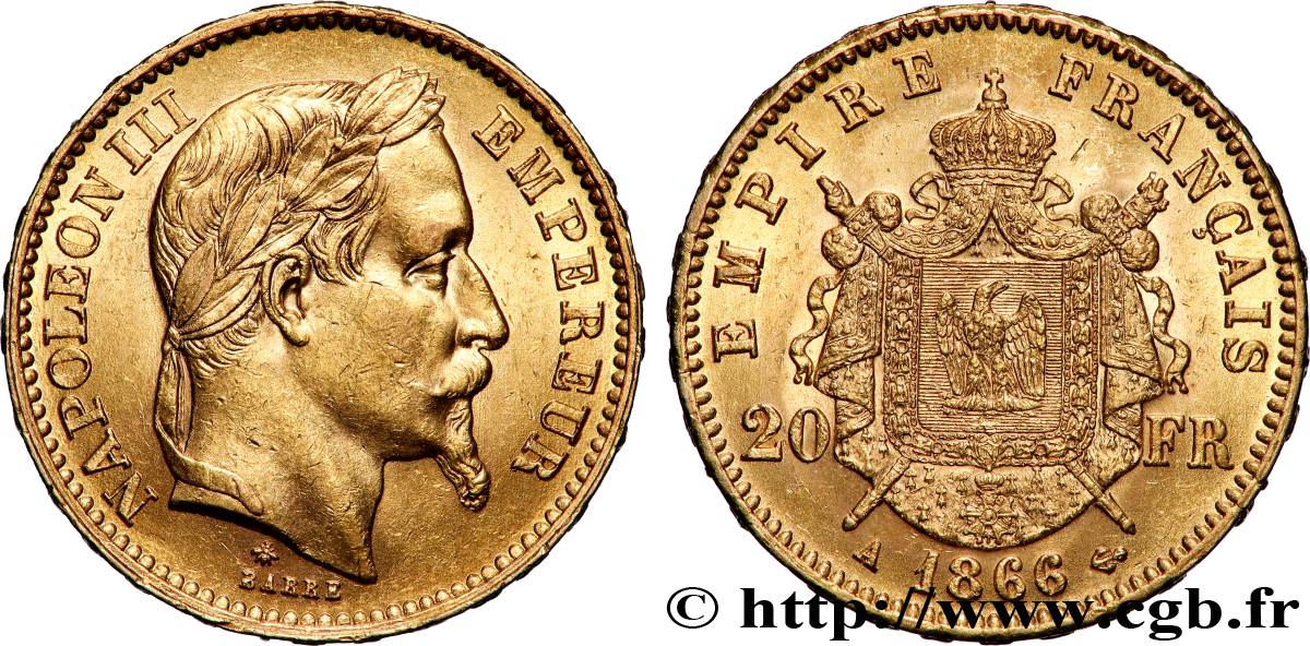 20 francs or Napoléon III, tête laurée 1866 Paris F.532/13 AU 