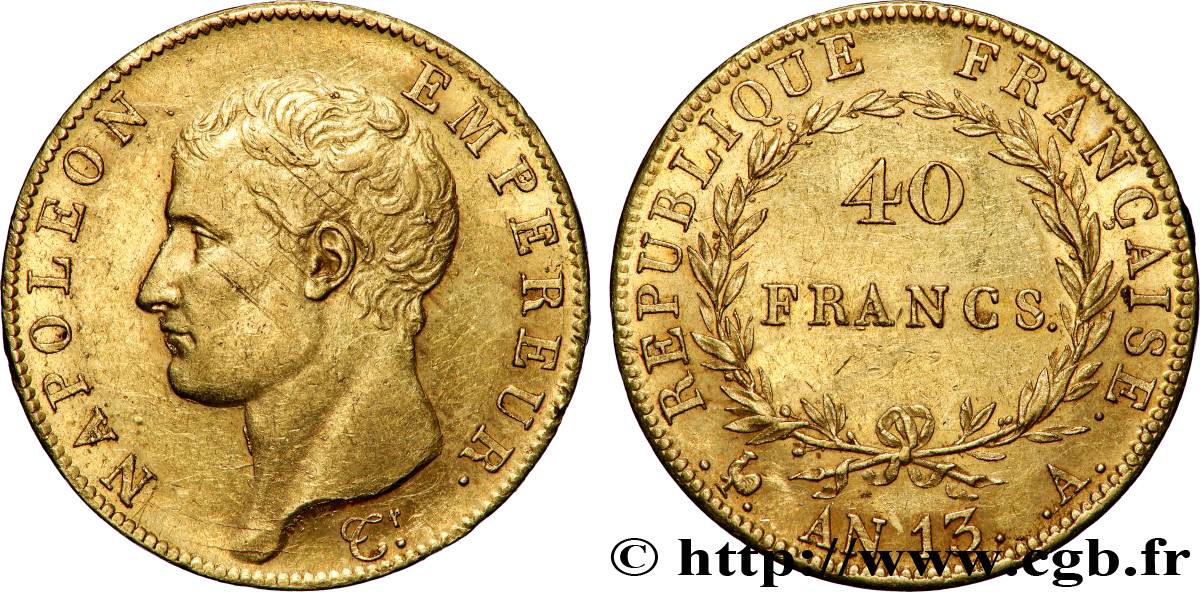 40 francs or Napoléon tête nue, Calendrier révolutionnaire 1805 Paris F.537/1 XF 