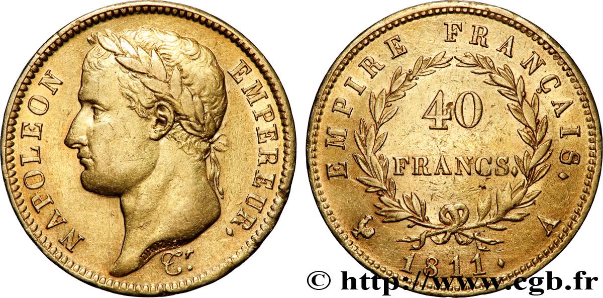 40 francs or Napoléon tête laurée, Empire français 1811 Paris F.541/6 XF 