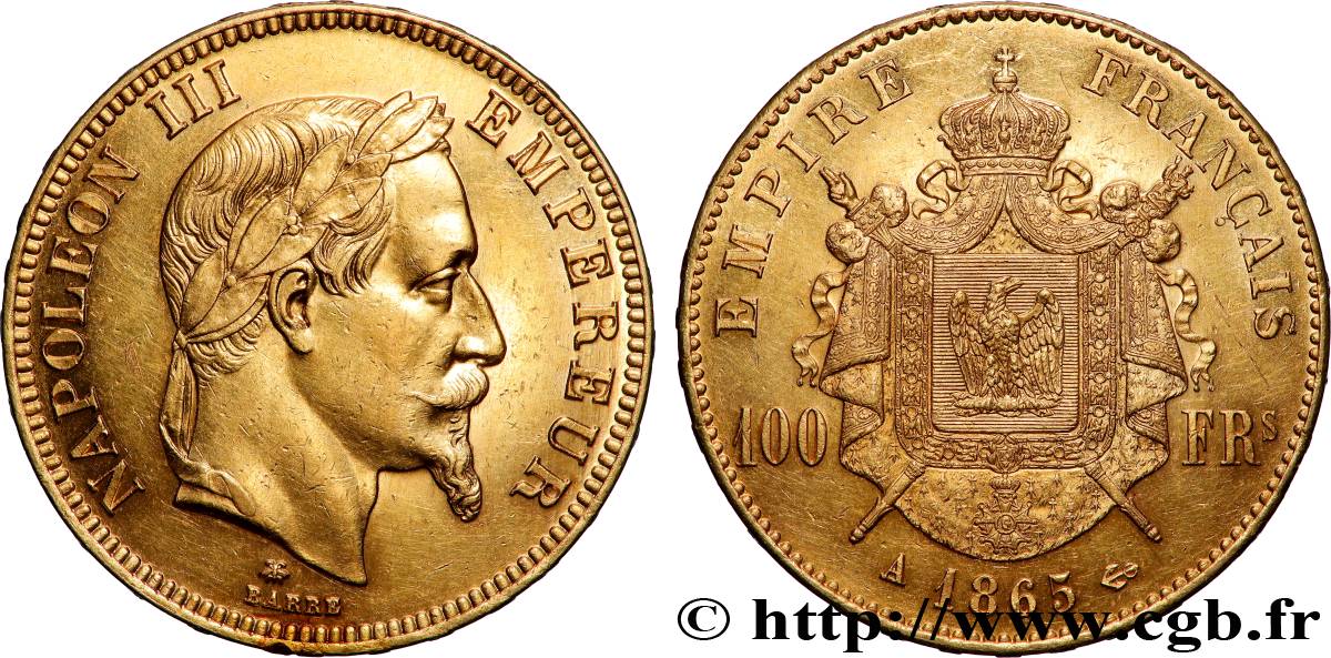 100 francs or Napoléon III, tête laurée 1865 Paris F.551/5 AU 
