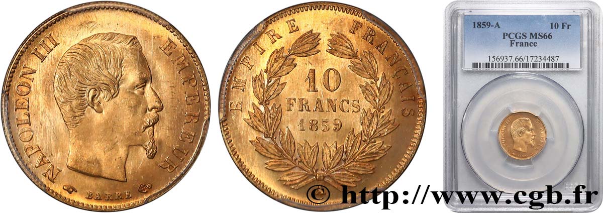 10 francs or Napoléon III, tête nue 1859 Paris F.506/7 FDC66 PCGS