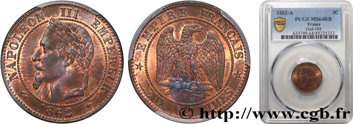 Deux centimes Napoléon III, tête laurée, buste définitif 1862 Paris F.108A/4 SPL64 PCGS