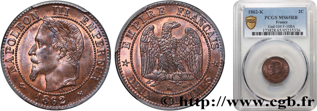 Deux centimes Napoléon III, tête laurée, buste définitif 1862 Bordeaux F.108A/7 ST65 PCGS